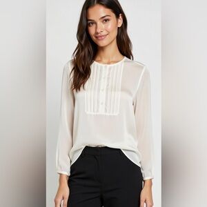 J.Crew Silk Blouse Long Sleeve Tuxedo Pleated Front 1/2 Button Sz S Ivory  NWOT